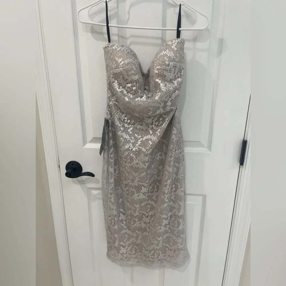 Bebe Strapless Sweetheart Neckline Lace Dress Metallic Silver Women’s Size S